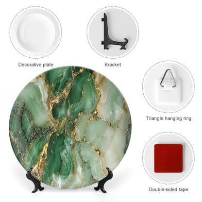 Emerald Marble Ceramic Decorative Plate with Gold Veins - 10 Inch Wall & Table Display
