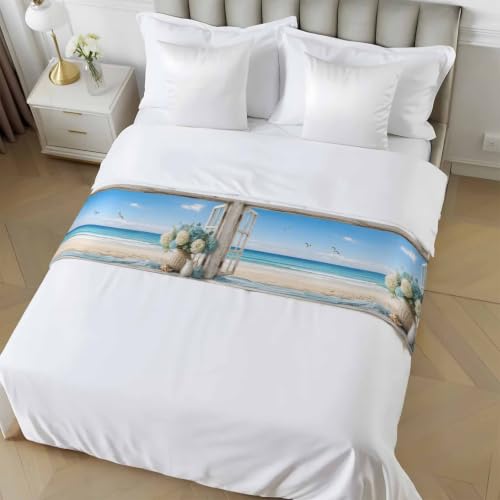 Blue Coastal Bed Runner for King Size Bed - 94x20 Inch Reversible Decorative Bed Throw Scarves