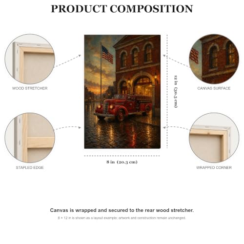 Vintage Fire Station Patriot Wall Art Canvas - American Flag Oil Painting, 20x30 Inches