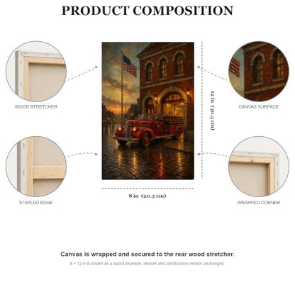 Vintage Fire Station Patriot Wall Art Canvas - American Flag Oil Painting, 20x30 Inches