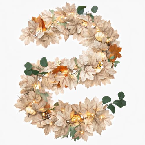 1 pcs 6Ft Fall Leaves Garland with Lights for Mantel Decor Pumpkin Pinecone Berry