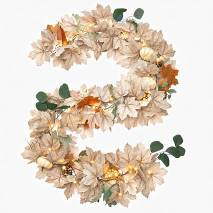 1 pcs 6Ft Fall Leaves Garland with Lights for Mantel Decor Pumpkin Pinecone Berry