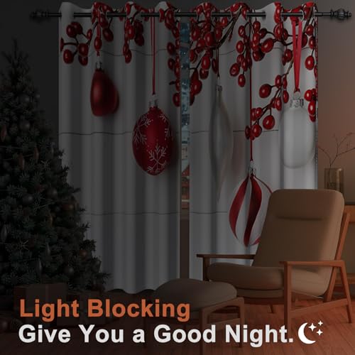 Red Berry Christmas Ornament Blackout Curtains 2 Panels 84"L x 42"W - Red & White Variation