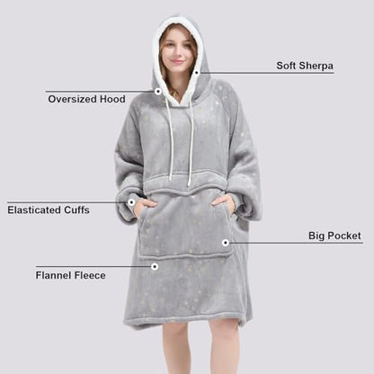 Wearable Blanket Hoodie for Women - Silver Foil Star Oversized Sherpa Pullover
