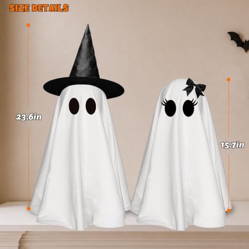 24 Inch Light Up Halloween Ghost Decorations - DIY Spooky Ghosts with Witch Hats, LED Lights, 2 Pack