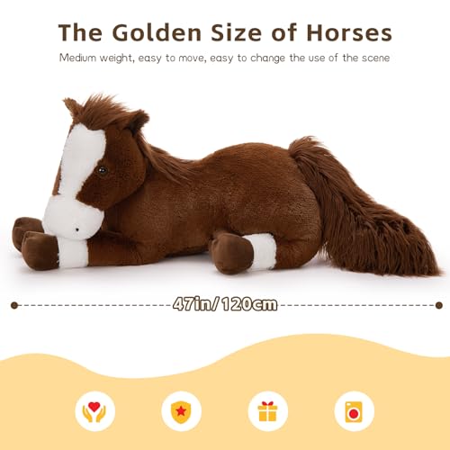Giant Horse Plush Body Pillow - 4ft Life-Size Chocolate Horse Cuddle Toy - Kids & Adults