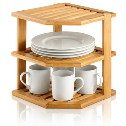 3-Tier Bamboo Corner Shelf for Kitchen Countertop and Cabinet Storage
