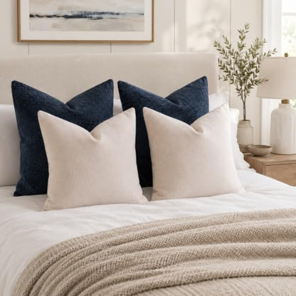 Chenille Decorative Throw Pillow Covers 18x18 Inch Navy Blue Pack of 2 - Soft Velvety Fabric