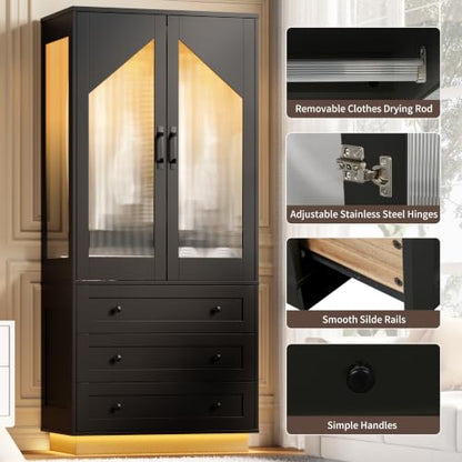 Gyfimoie Tall Armoire Wardrobe Closet with 2 Doors and 3 Drawers - Black Variation