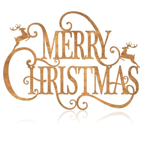 Rustic Metal Merry Christmas Hanging Sign - Antique Brass Wall Decor