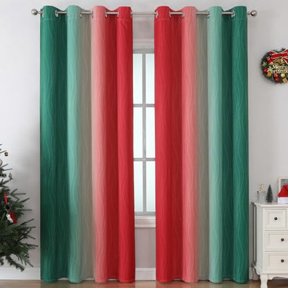 Green and Red Ombre Blackout Curtains 52x96 Inches - Pack of 2 - Modern Room Darkening Drapes with Wavy Line Design