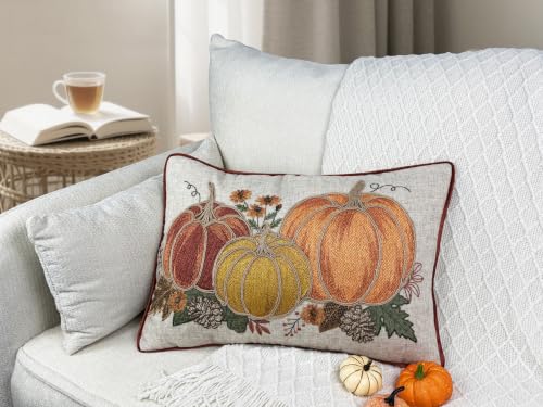 Fall Pumpkin Embroidery Throw Pillow Cover 14x20 Inch Rustic Harvest Decor