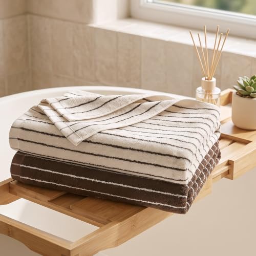 Jacquotha Cotton Bath Towels Set of 2 - Brown & Ivory, 27.5x55 Inches