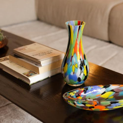 Murano Style Hand Blown Art Glass Vase Multicolor Confetti Effect - Home Decor