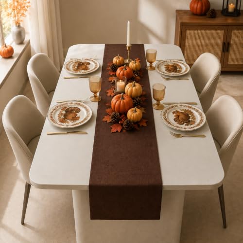 Espresso Brown Faux Linen Water Resistant Table Runner 72in - Rustic Decor