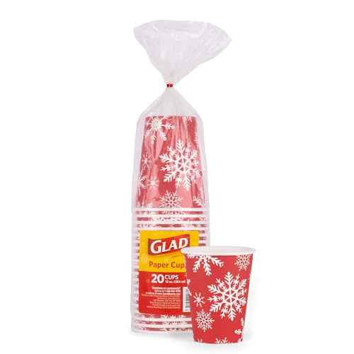 Glad Everyday Disposable Paper Cups, Holiday Red Snowflake Design - Heavy Duty Drinking Cup for All Beverages and Every Day Use, 12 Ounce, 20 Count