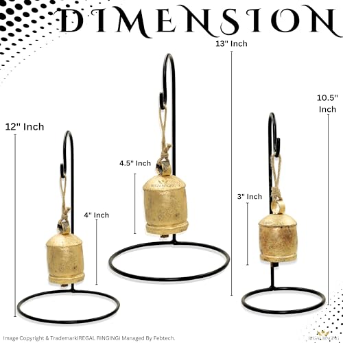 Set of 3 Black Metal Stand Golden Cow Bells with Rustic Finish Christmas Hanging XL Bells