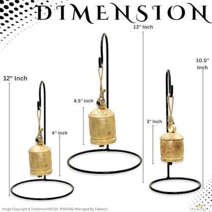 Set of 3 Black Metal Stand Golden Cow Bells with Rustic Finish Christmas Hanging XL Bells