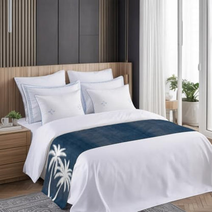102x20 Inch Navy Blue Palm Tree Bed Runner for Cal King Bed - Tropical Coastal Decor