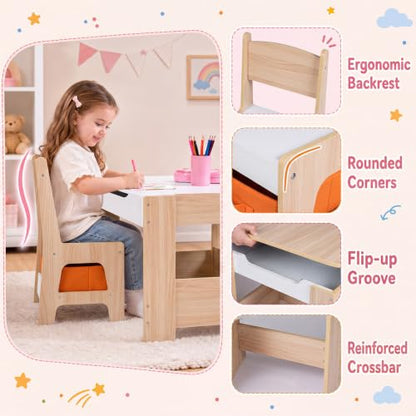 Costzon 4 in 1 Kids Activity Table and Chairs Set - Natural & Green, Reversible with Building Blocks, Storage