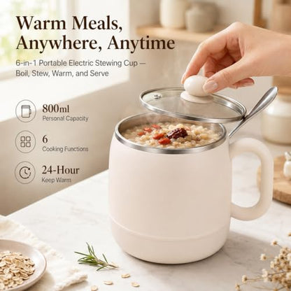 Beige 6-in-1 Portable Electric Stewing Cup with Filter, 27 Oz