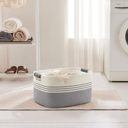 SunNewt 45L Small Laundry Basket with Leather Handles for Living Room Storage, Woven Rope Baskets Bin for Blanket, Kids Toy, Gifts, Wicker Hamper for Bedroom Dirty Clothes, 18"x14"x11" White Grey