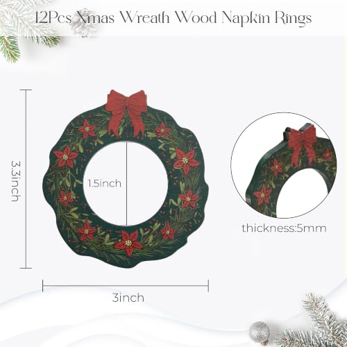 Christmas Wreath Birch Wood Napkin Rings 12Pcs - Green Holiday Table Decor