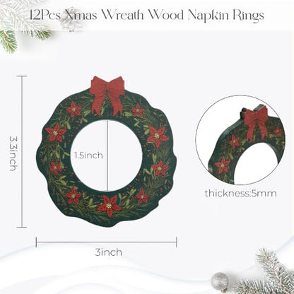 Christmas Wreath Birch Wood Napkin Rings 12Pcs - Green Holiday Table Decor