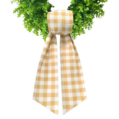 Khaki and White Gingham Wreath Sash for Front Door - 55.5" x 5.1" - Versatile Seasonal Decor
