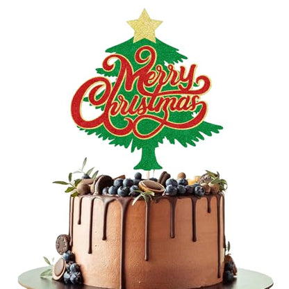 Merry Christmas Cake Topper Red Green Glitter Holiday Decoration - Red 2