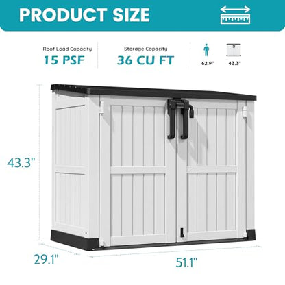 LHBcraft Outdoor Storage Cabinet 36 Cu Ft with Lockable Doors, Portable Horizontal Resin Storage Shed - Easy to Assemble, Waterproof Small Storage Shed with Floor