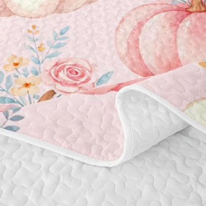 Pink Autumn Pumpkin Quilted Bedspread Full Size - Rose Floral 3-Piece Bedding Set