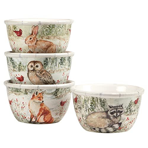 Set of 4 Ceramic Ice Cream Bowls - Winter Forest Animals Design, 5.25 inch