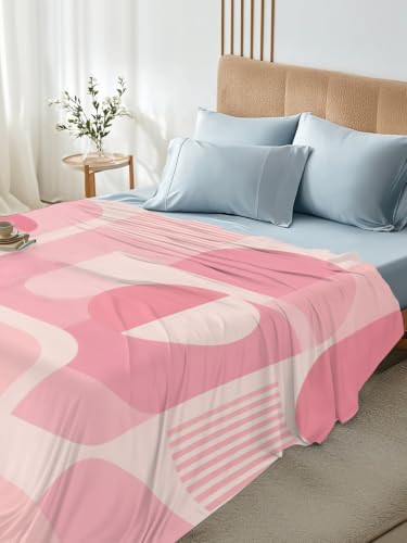 California King Pink Flat Sheet Boho Geometric Microfiber Bedding - Soft & Breathable