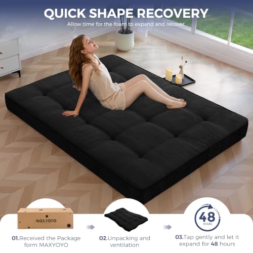 Black 6-Inch Thick Japanese Floor Mattress Full Size Futon Bed - Plush Support