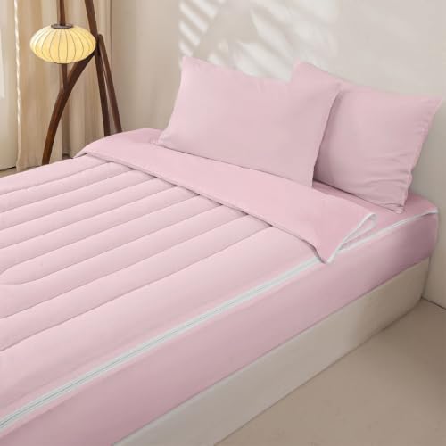 Pink Zipper Bedding Comforter Set - Full Size with Pillowcases & Fitted Sheet - Baby Pink