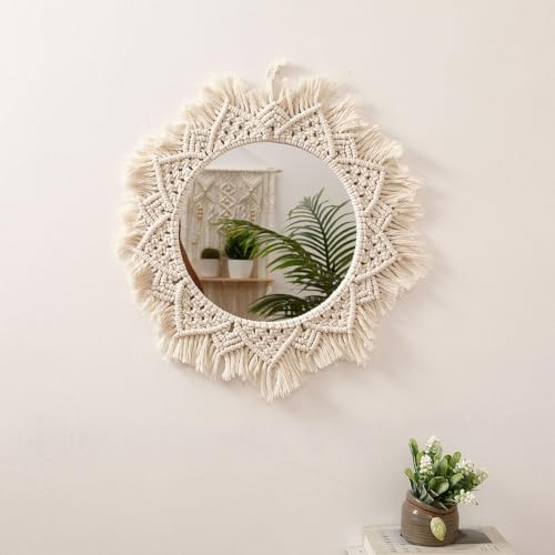 Boho Macrame Wall Hanging Mirror - Woven Rope Decorative Wall Art