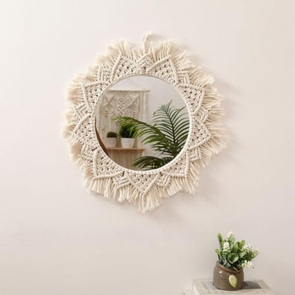 Boho Macrame Wall Hanging Mirror - Woven Rope Decorative Wall Art