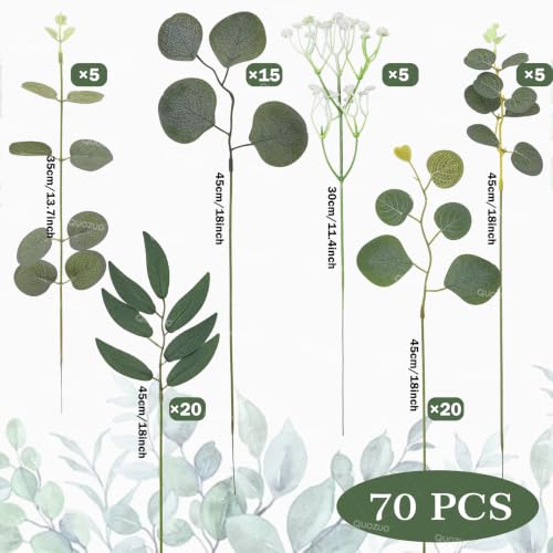 Artificial Eucalyptus Leaves Stems Bulk 70 Pcs Faux Greenery for Wedding and Home Decor