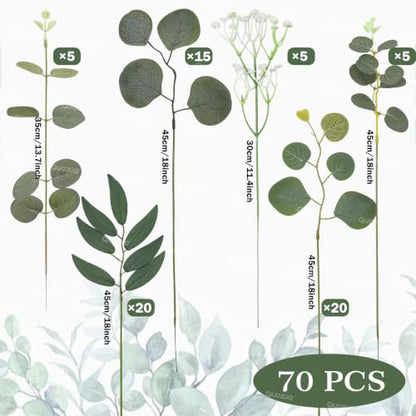 Artificial Eucalyptus Leaves Stems Bulk 70 Pcs Faux Greenery for Wedding and Home Decor