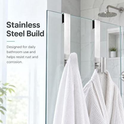 Silver Stainless Steel Shower Door Hooks 2 Pack - Rustproof Bathroom Towel Hangers