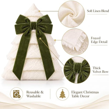 FoldTier Christmas Cloth Napkins Set with Velvet Bows - Green, 12 Pack