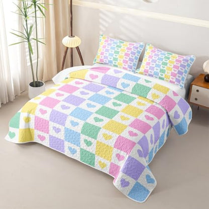 Colorful Heart Quilt Set King Size 3pcs with Pillow Shams - Geometric Patchwork