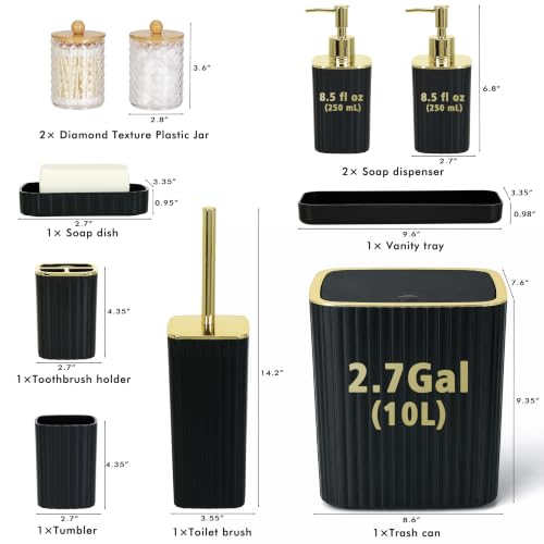 Black and Gold Bathroom Accessories Set – 10-Piece All-in-One Vanity Decor with Dispensers, Toothbrush Holder, and Storage Jars (Variation: Black & Gold / Bath Set 10 Piece)