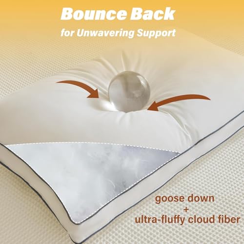 Queen Size Goose Down Fiber Pillow Set of 2 - White, Supportive & Fluffy
