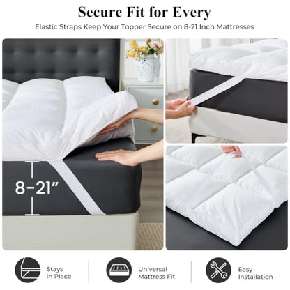 Pure White King Feather Down Mattress Topper 3 Inch Plush Pillow Top Bed Pad