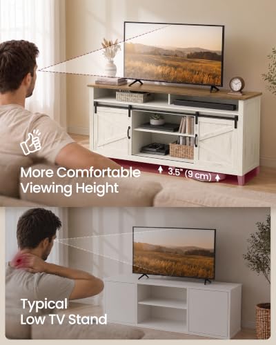 VASAGLE Farmhouse TV Stand for 65 Inch TV, Rustic White & Honey Brown