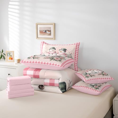 Pink Snowman Bedding Set Twin Size with Comforter and Sheets - Christmas Kids Room Decor