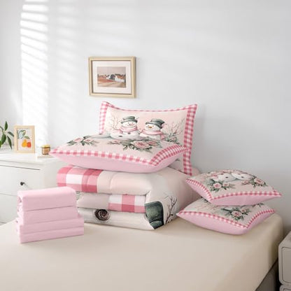 Pink Snowman Bedding Set Twin Size with Comforter and Sheets - Christmas Kids Room Decor