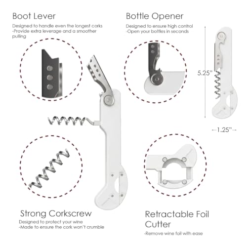 White Wine Opener with Foil Cutter & Lever - 5 1/4" Wine Key for Servers